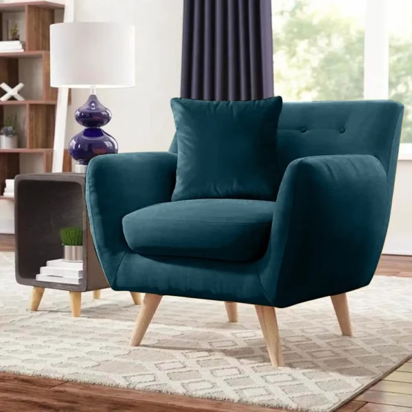 كرسي بذراعين خشب زان أحمر و موسكي وقطيفة - أزرق