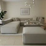 ⁦كنبة ركنة و 2 بوف خشب طبيعي و كتان - بيج⁩ - الصورة ⁦8⁩