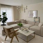 كنبة ركنة و 2 بوف خشب طبيعي و كتان - بيج