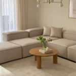 ⁦كنبة ركنة و 2 بوف خشب طبيعي و كتان - بيج⁩ - الصورة ⁦4⁩